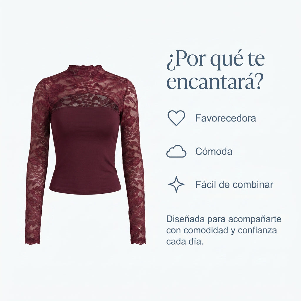 Top entallado de encaje burdeos con cuello alto y manga larga