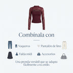 Top de encaje burdeos con cuello alto y manga larga semitransparente