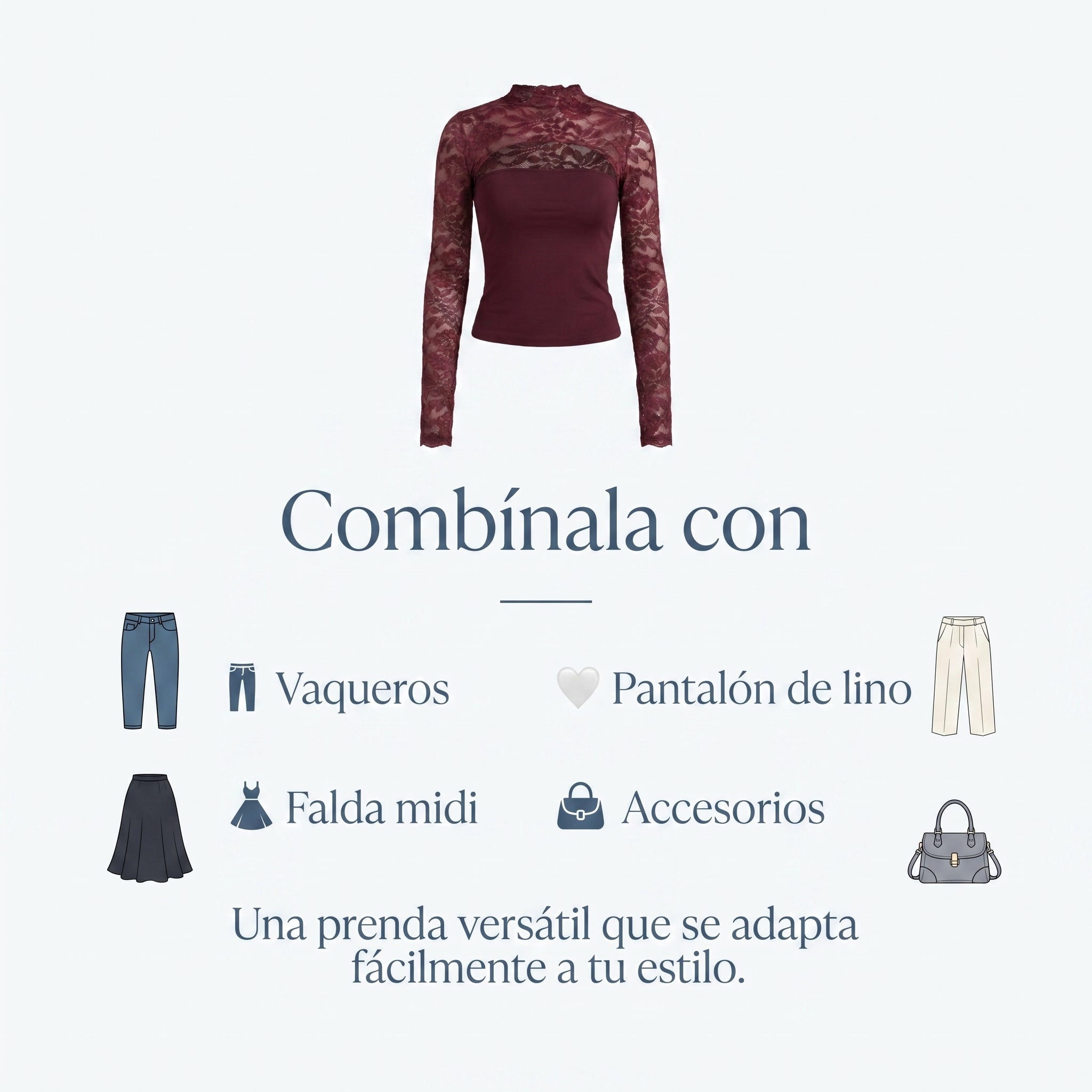 Top de encaje burdeos con cuello alto y manga larga semitransparente