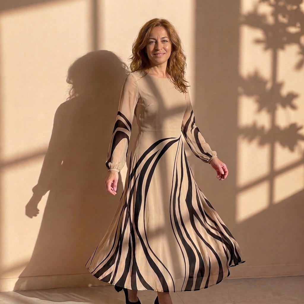 Vestido midi fluido beige con rayas negras, manga larga y falda acampanada.