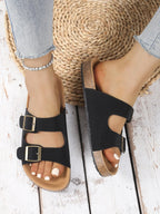 Sandalias Adriana negras con dos tiras y hebillas cuadradas, suela de corcho