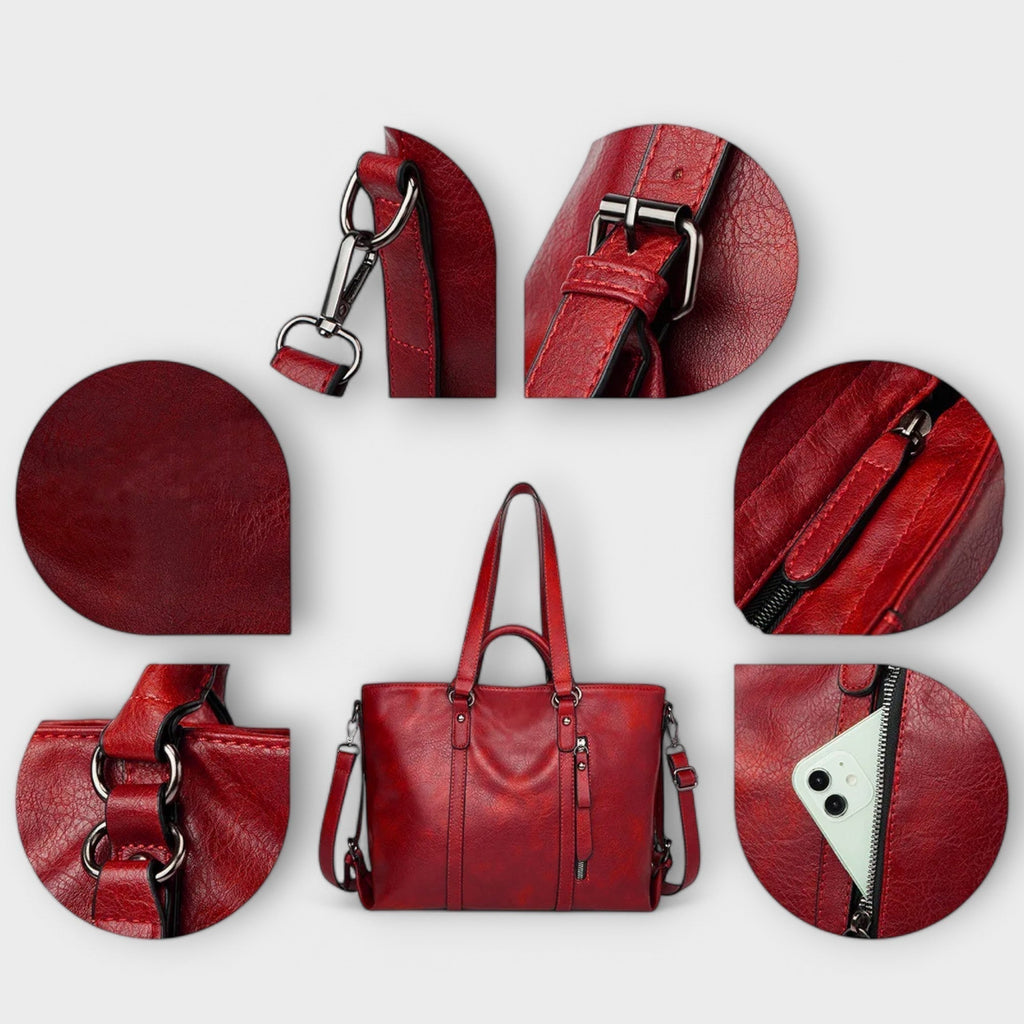 Bolso rojo con detalles de herrajes, cremallera y correa; vista en recortes.