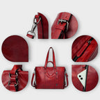 Bolso rojo con detalles de herrajes, cremallera y correa; vista en recortes.