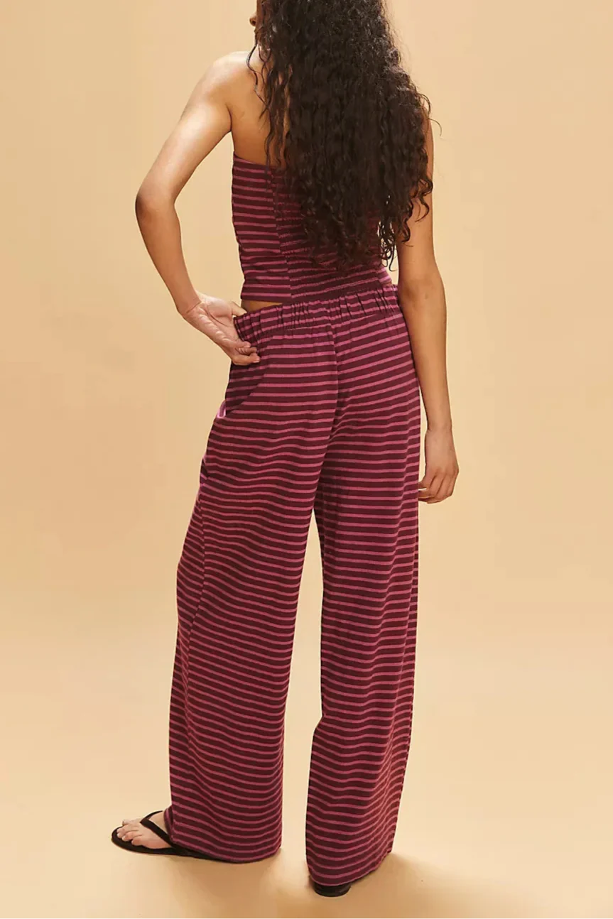 Conjunto de lino rayado burdeos: top de tirantes y pantalón de pierna ancha