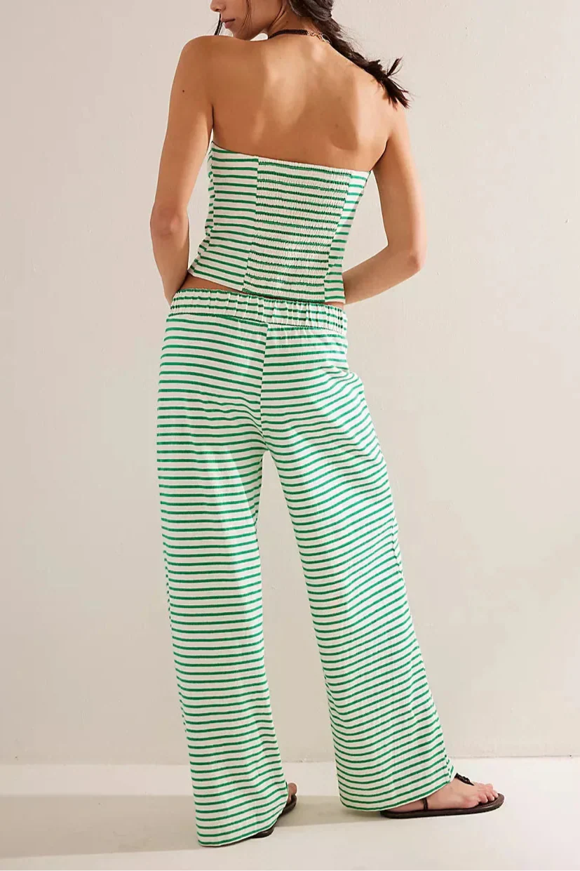 Conjunto de lino verde y blanco a rayas: top tipo tubo y pantalón ancho a juego