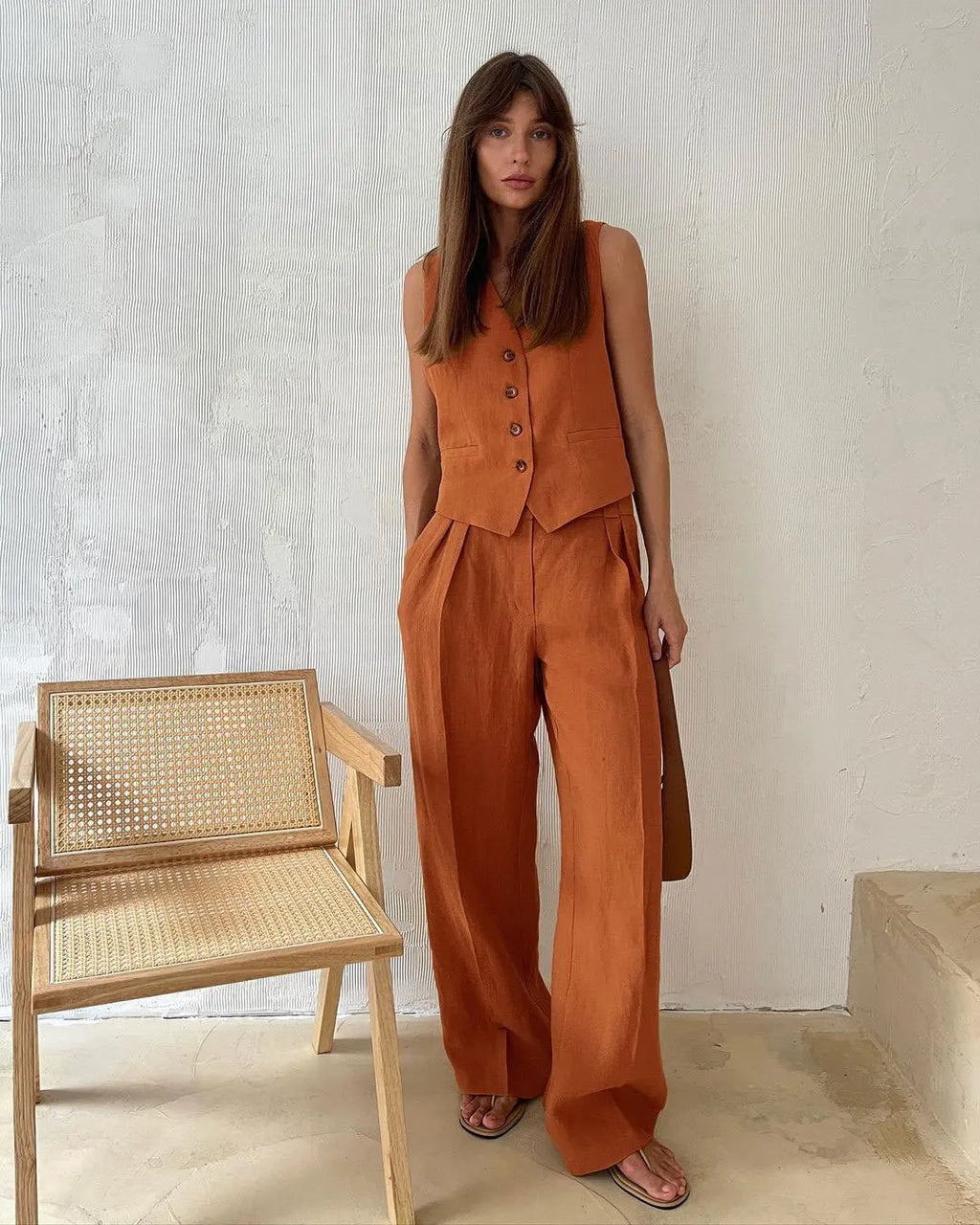 Conjunto de lino naranja: chaleco con botones y pantalón de pierna ancha