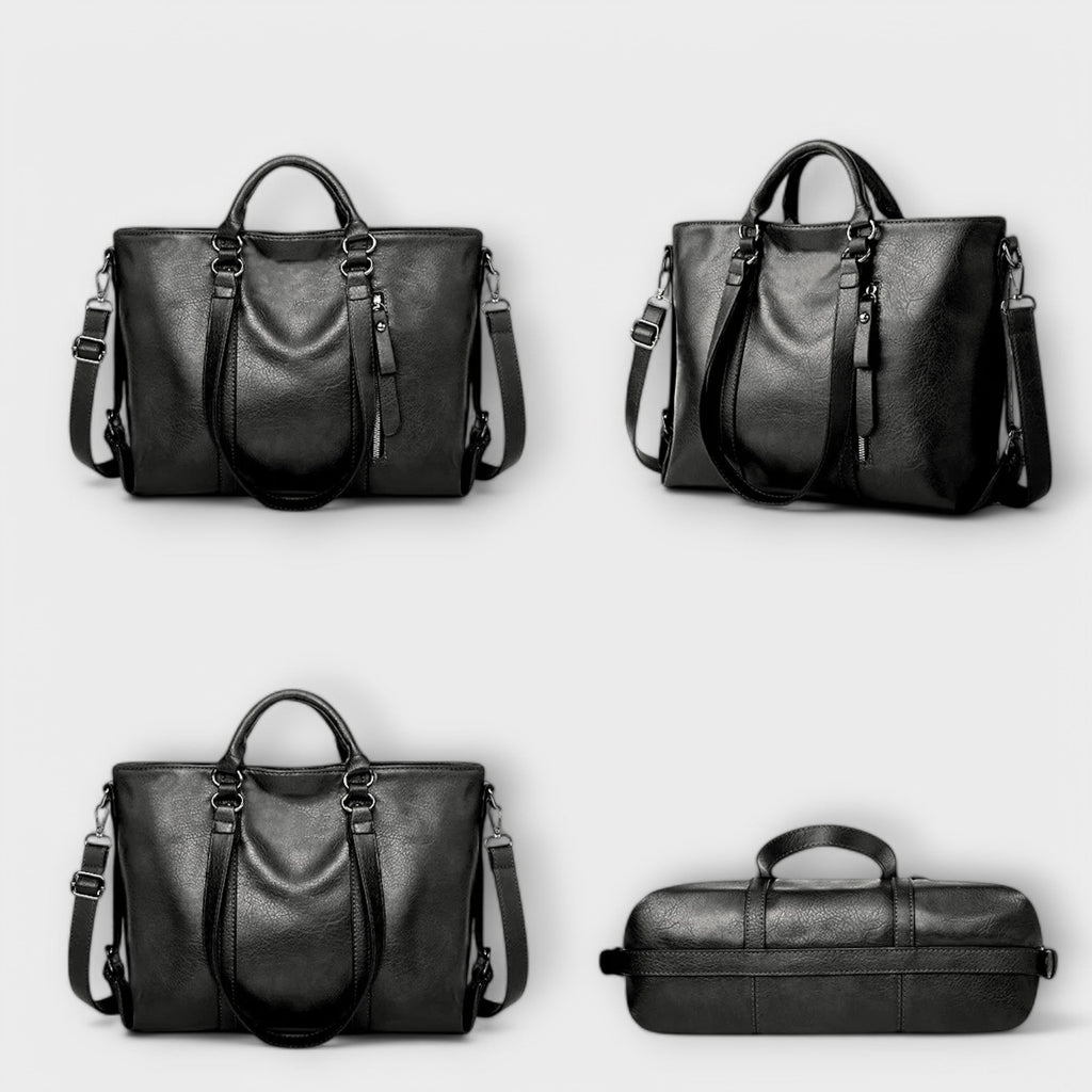 Conjunto de vistas del bolso negro: frontal, lateral y superior, con asa y correas.