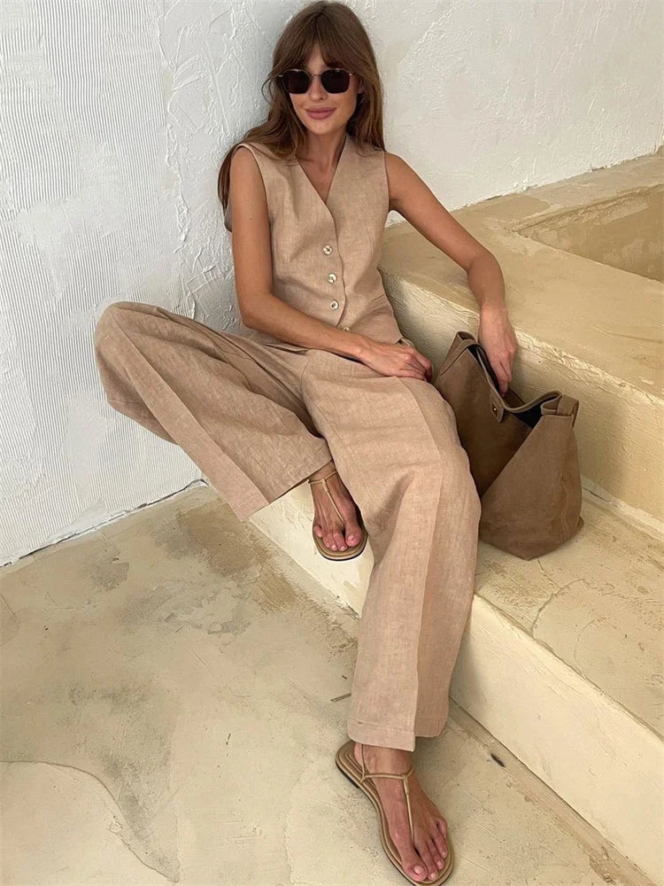 Conjunto de lino beige: chaleco sin mangas con botones y pantalón amplio
