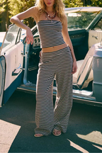Conjunto de lino a rayas: top sin mangas y pantalón ancho a juego, oscuro y blanco