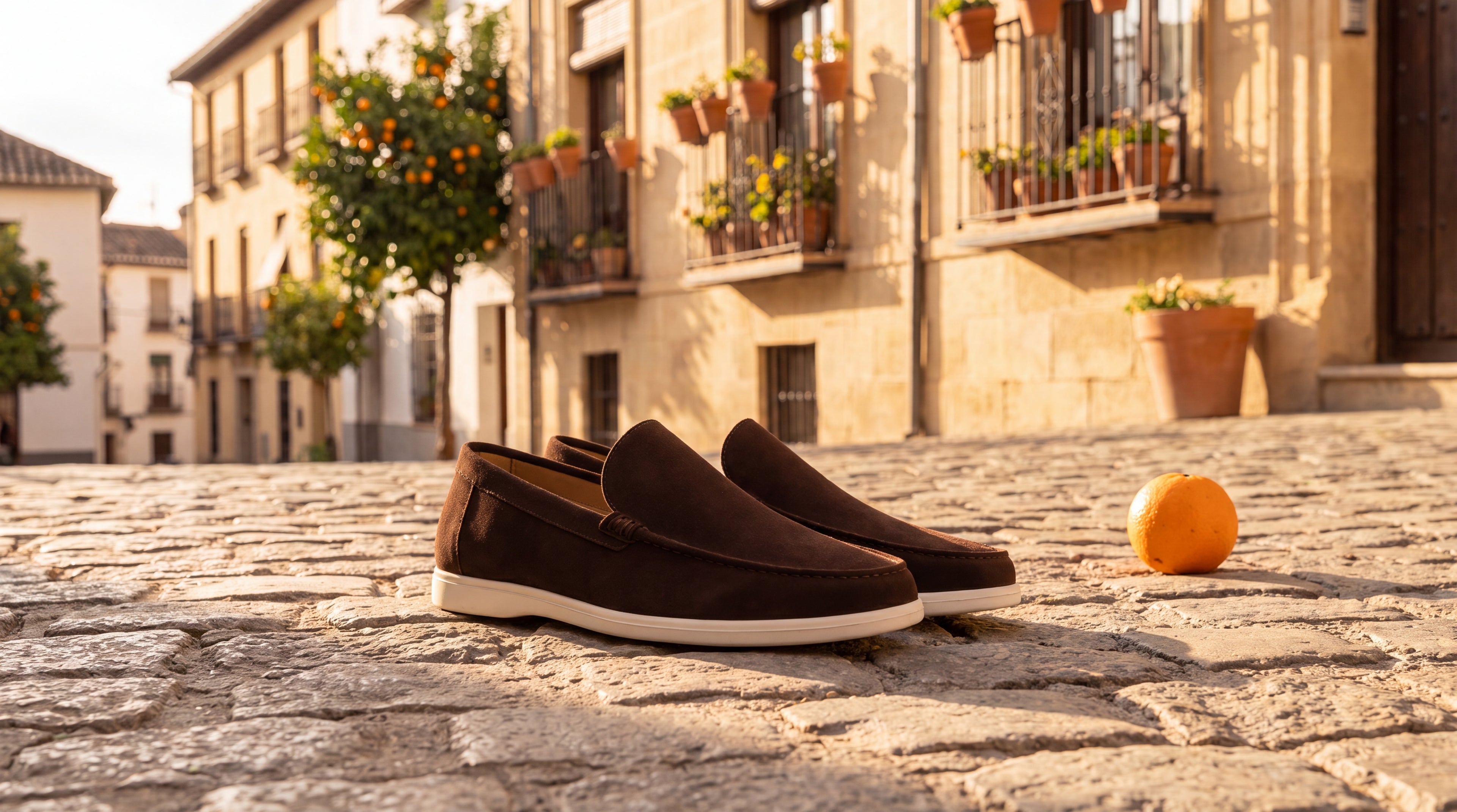 Mocasín de gamuza marrón oscuro con suela blanca