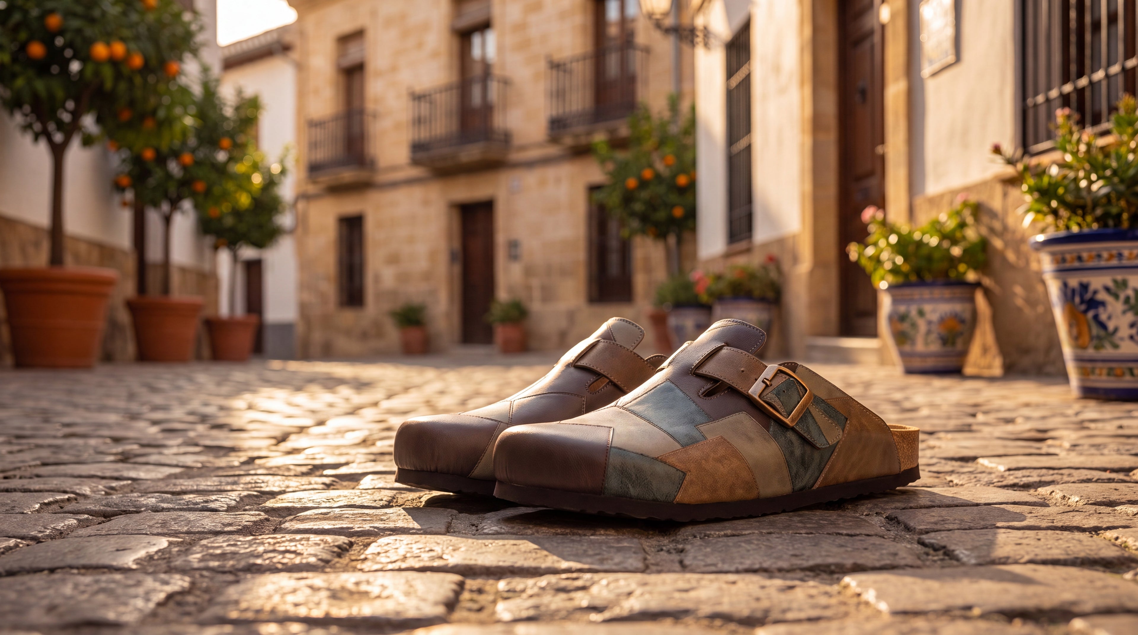 Zapatos de madera patchwork caqui y azul verdoso, con correas y hebilla metálica