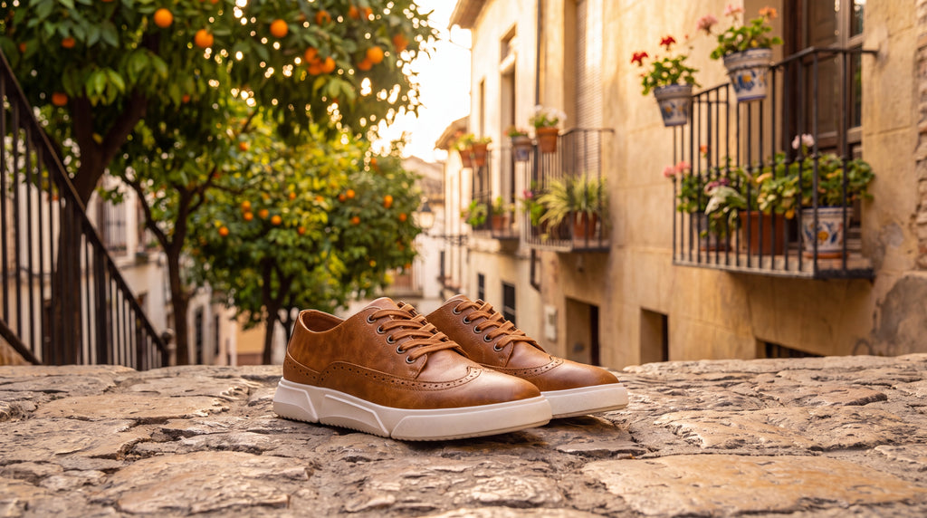 Zapatillas de cuero marrones con cordones tipo brogue y suela blanca
