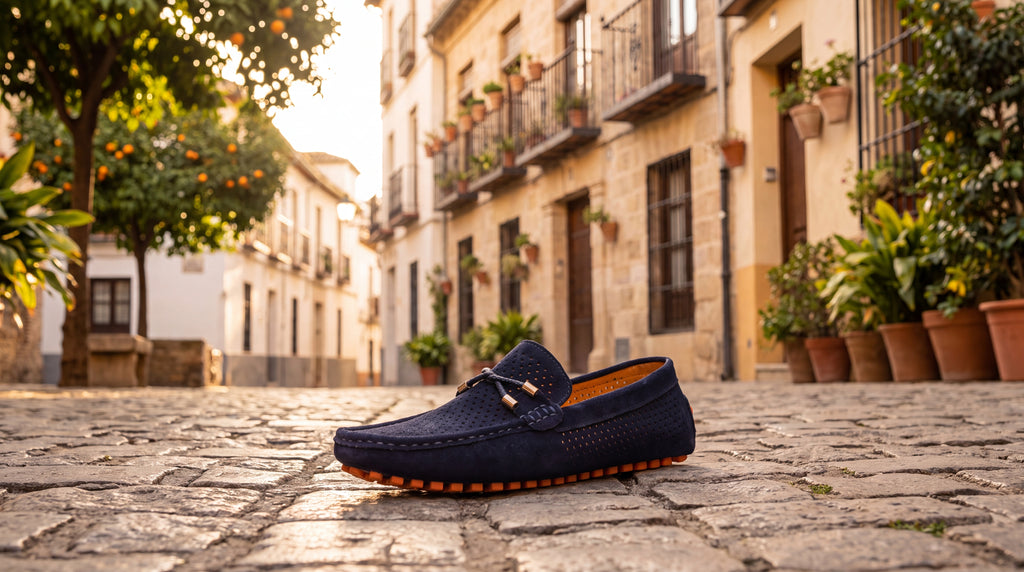 Mocasín de cuero perforado azul marino, con hebilla y suela con puntitos
