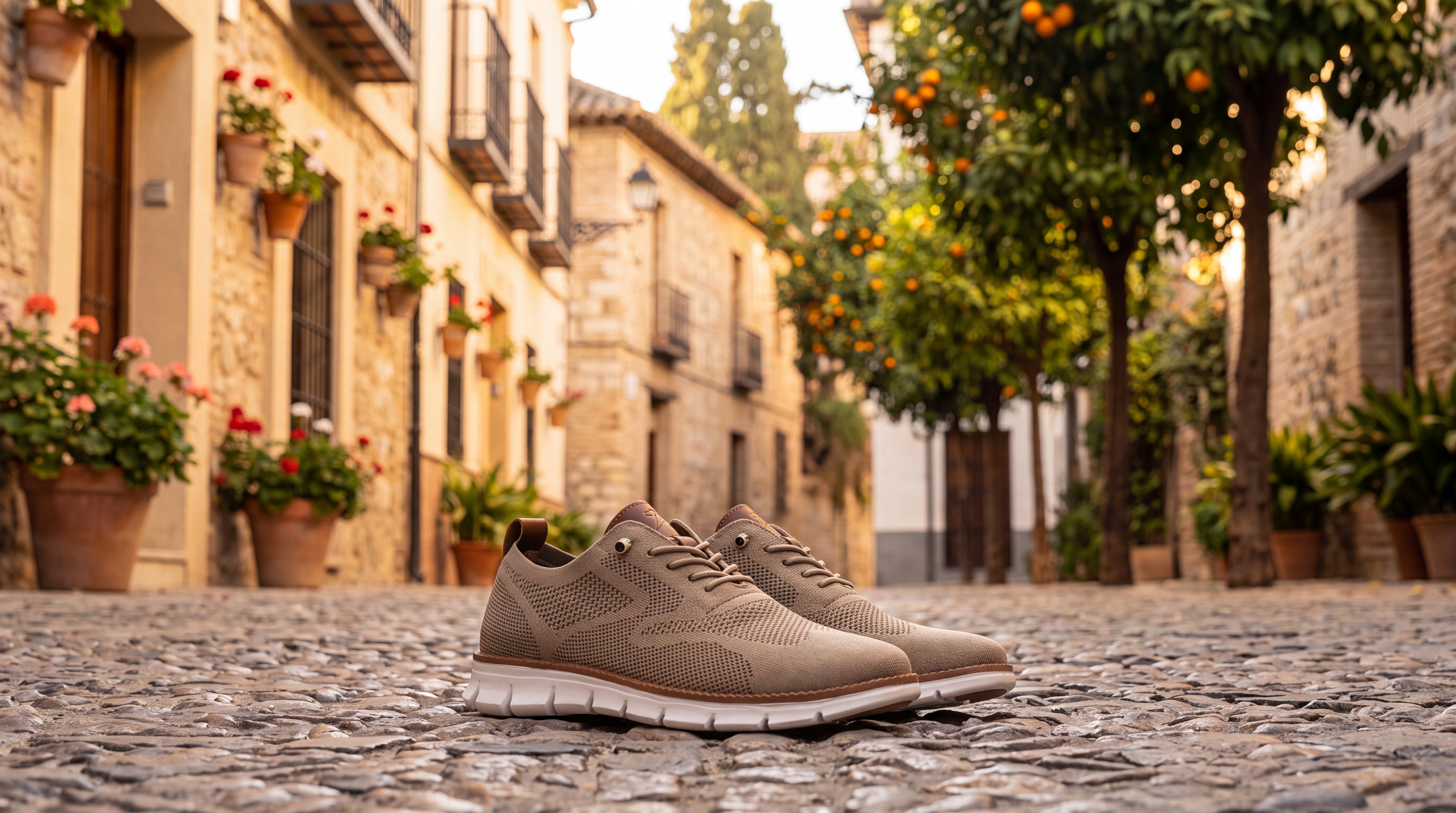 Zapatilla deportiva caqui con cordones, parte superior de malla y suela oscura