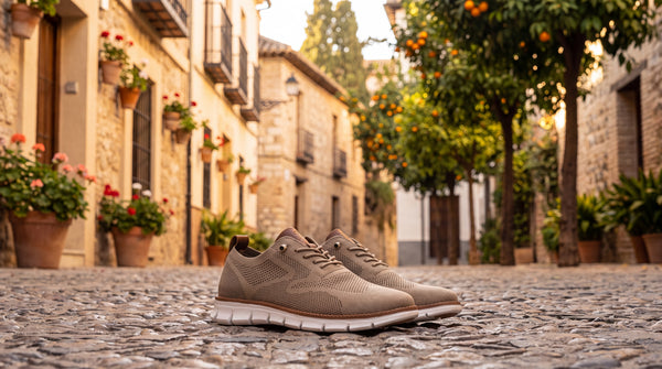 Zapatilla deportiva caqui con cordones, parte superior de malla y suela oscura