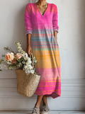 Vestido largo bohemio de algodón con escote en V y mangas 3/4, rayas multicolor