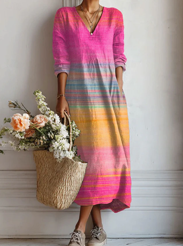 Vestido largo bohemio de algodón con escote en V y mangas 3/4, rayas multicolor