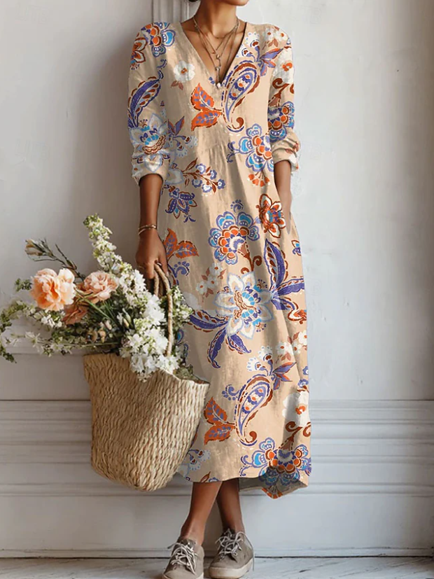 Vestido largo bohemio con estampado paisley multicolor, escote en V y mangas largas