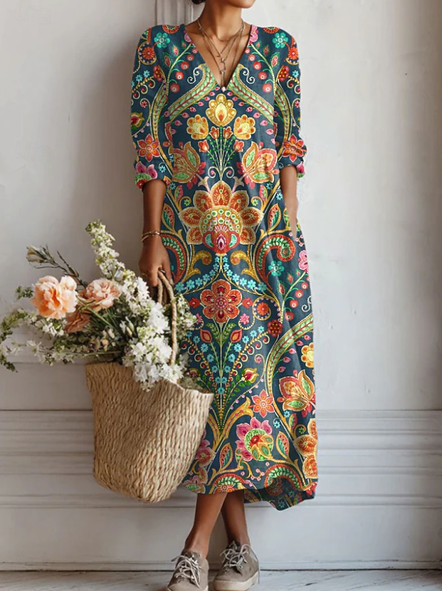 Vestido largo bohemio multicolor estampado paisley, escote en V y manga tres cuartos