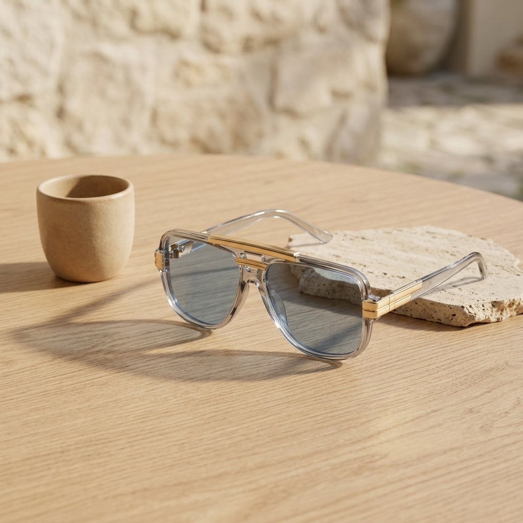 Gafas de sol con montura transparente y lentes azules, con patillas doradas