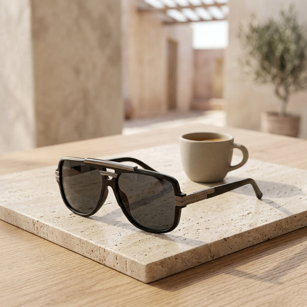 Gafas de sol con montura negra y lentes oscuras, vista lateral y frontal