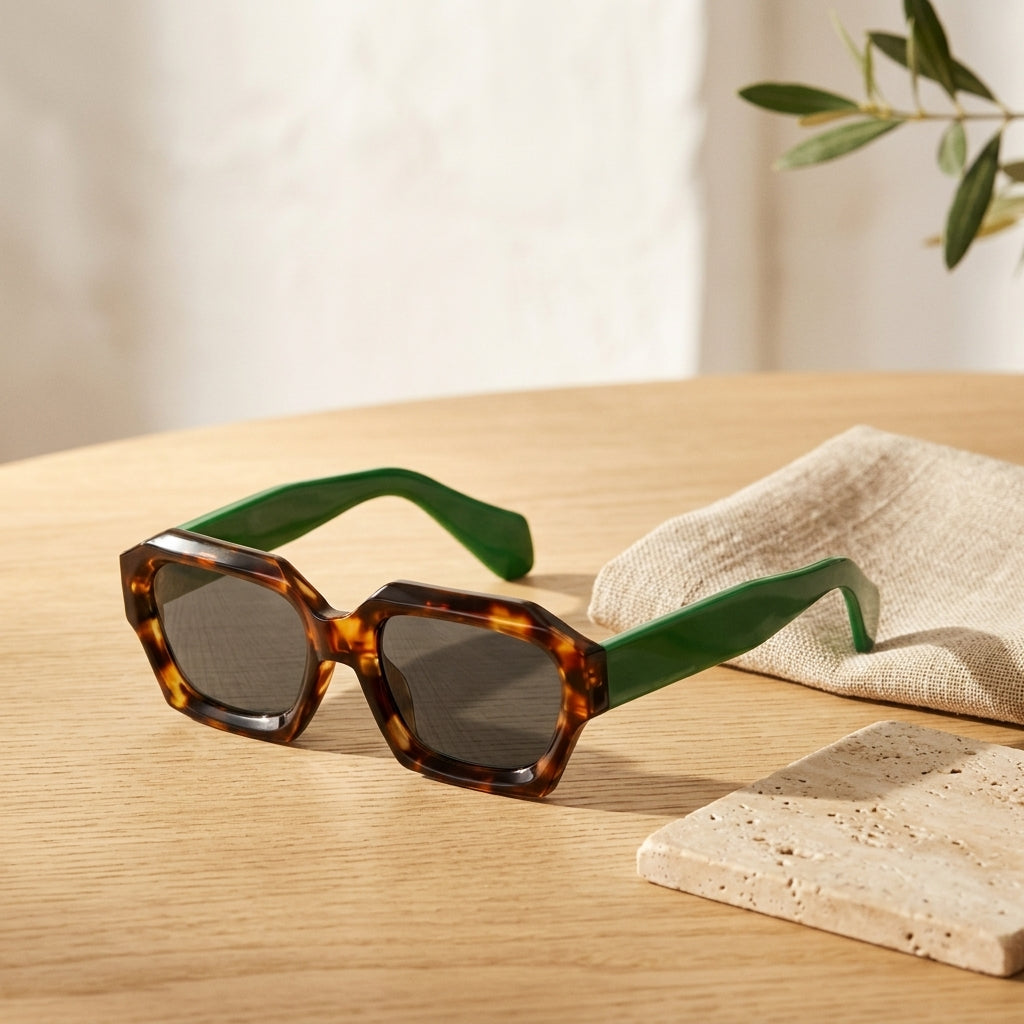 Gafas Ventura Terra con montura carey y patillas verdes, lentes oscuras