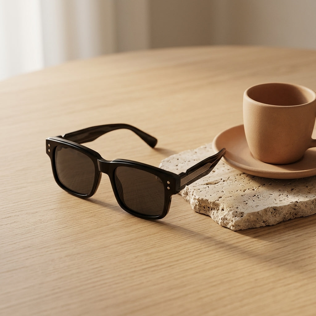 Gafas con montura negra y lentes oscuras, forma cuadrada