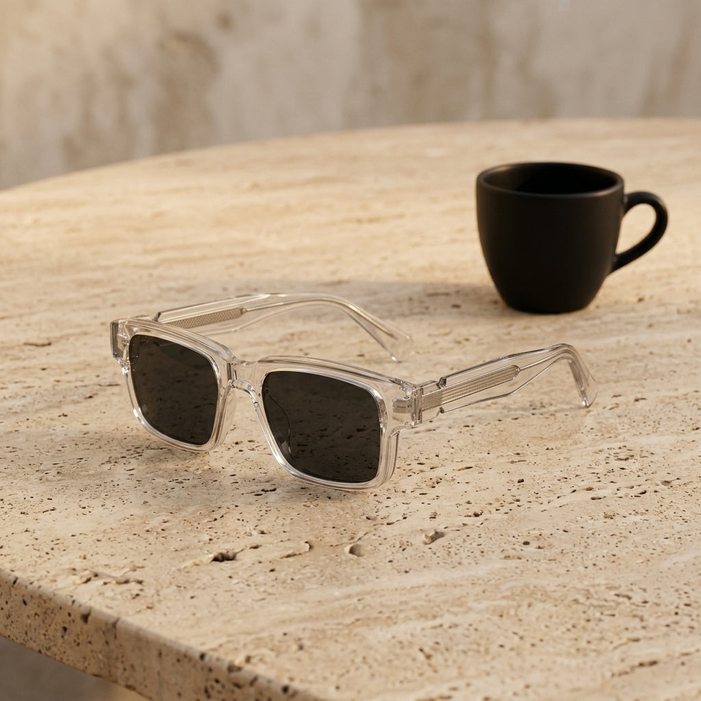 Gafas con montura transparente y lentes negras oscuras, forma cuadrada