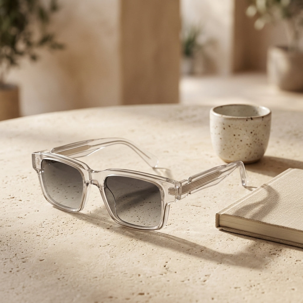 Gafas con montura transparente y lentes grises oscuras, armazón rectangular