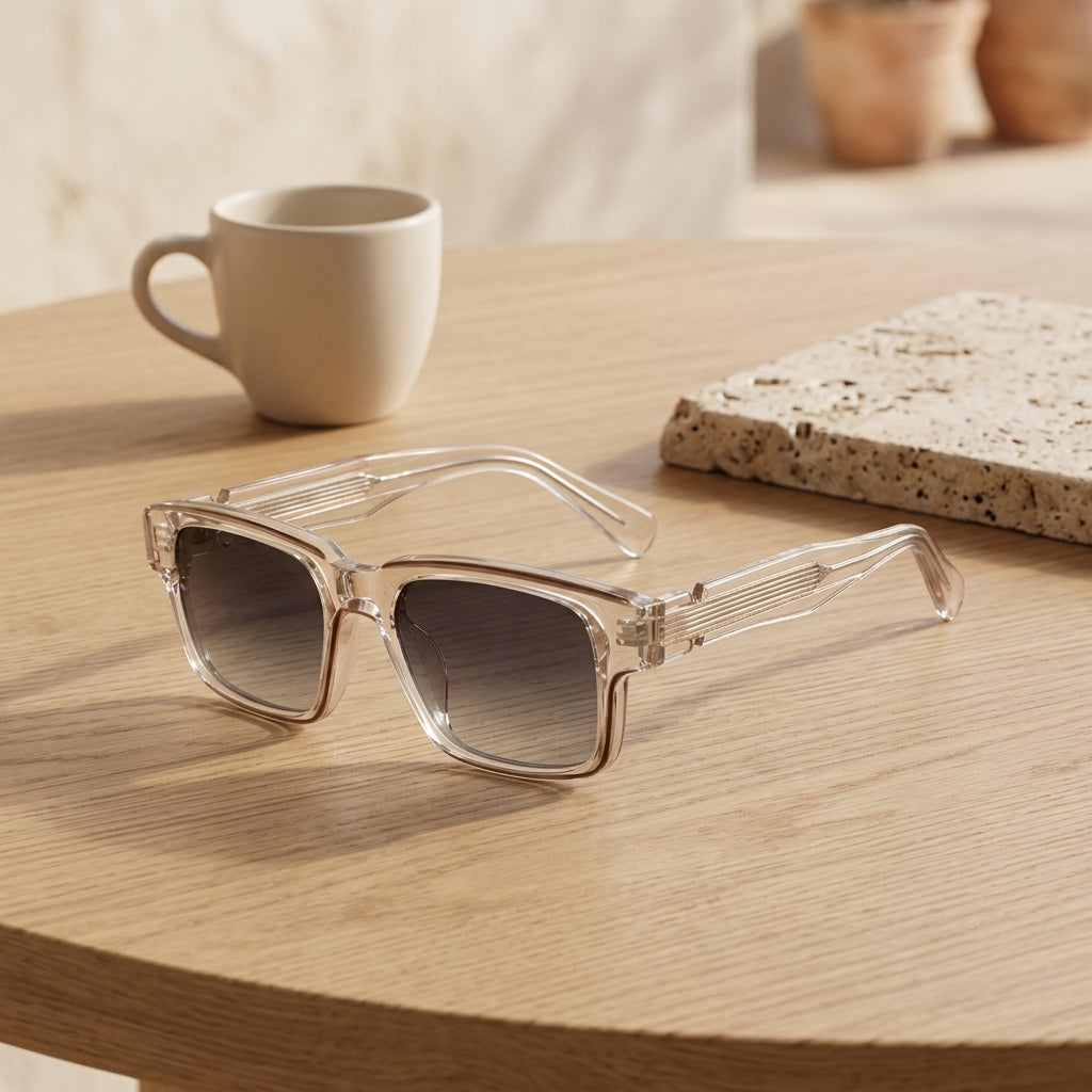Gafas con montura transparente y lentes ahumadas oscuras, diseño cuadrado