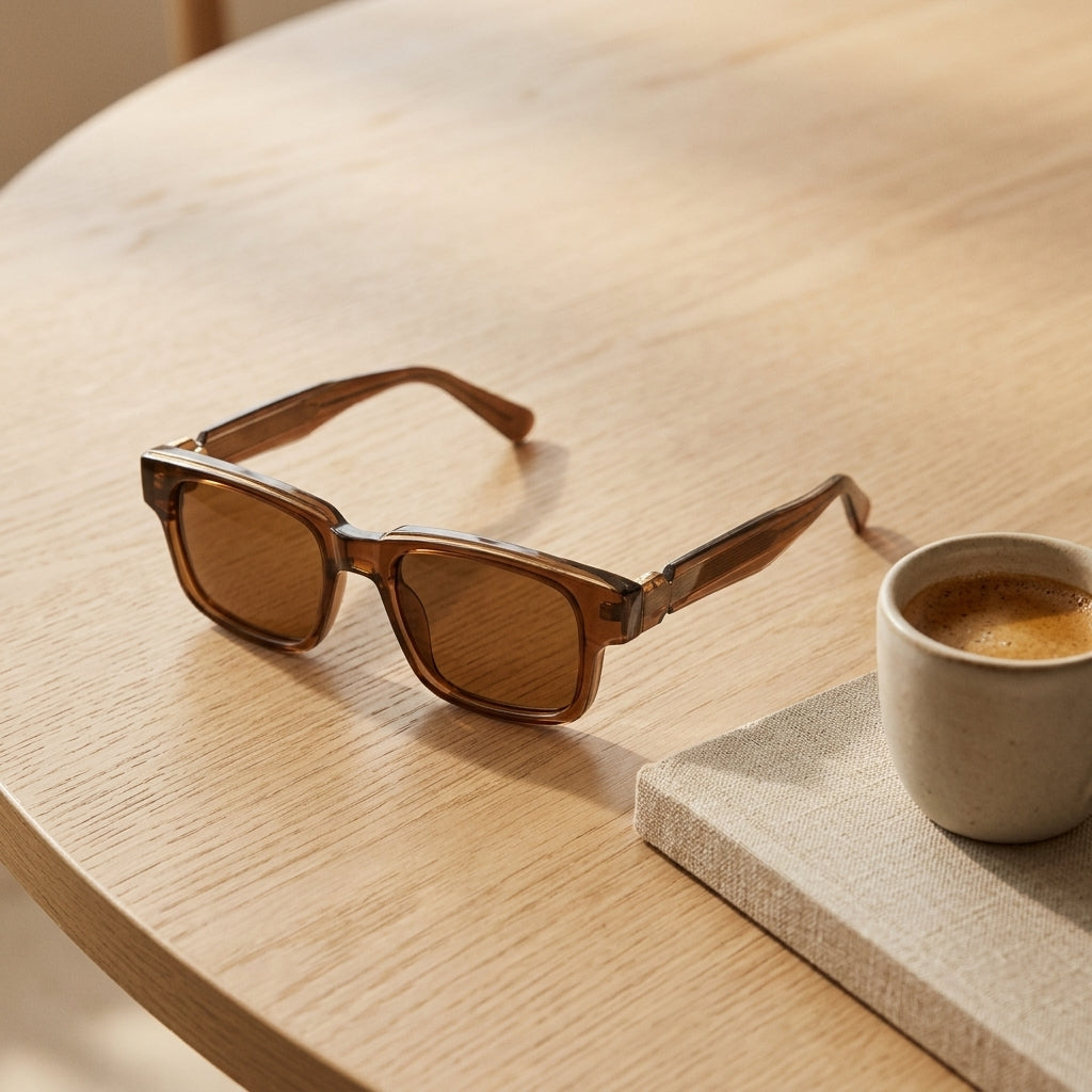 Gafas Omni Noir con montura marrón y lentes oscuras, forma cuadrada