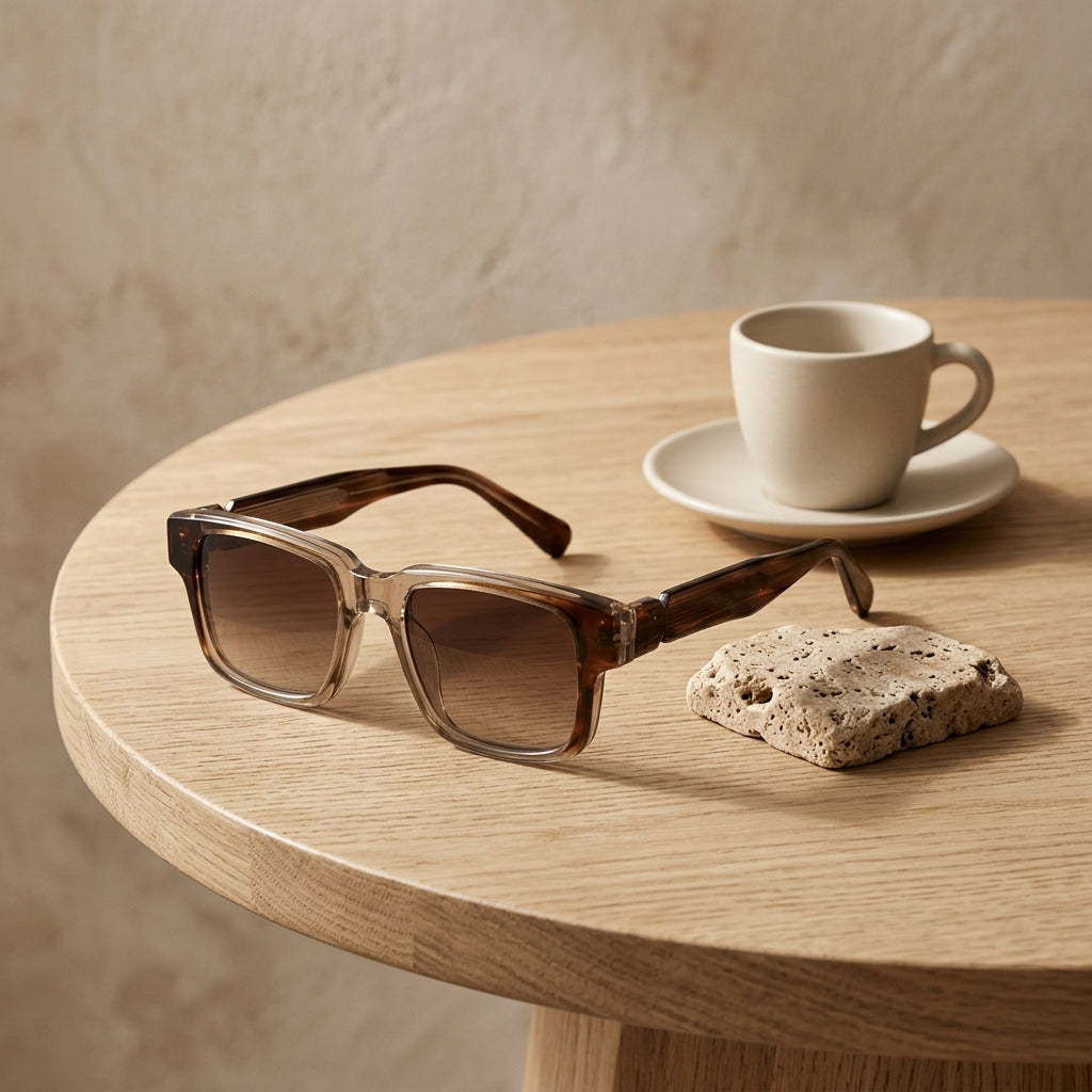 Gafas con montura carey oscura y lentes marrón oscuro, estilo cuadrado