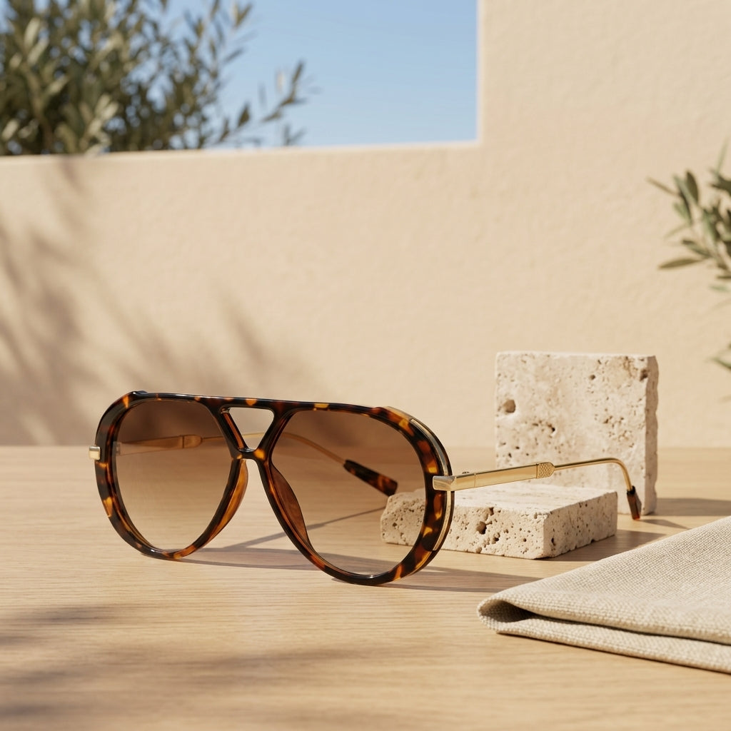 Gafas estilo aviador marrón con montura carey y lentes tono ámbar