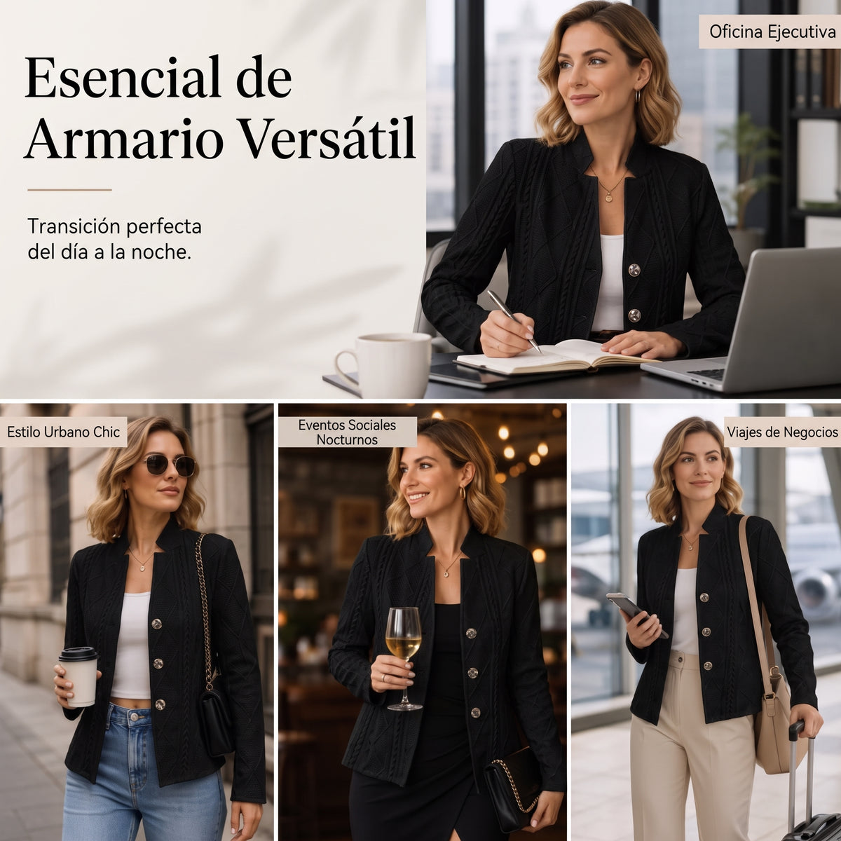 Chaqueta SOFI texturizada negra con botones frontales y corte entallado