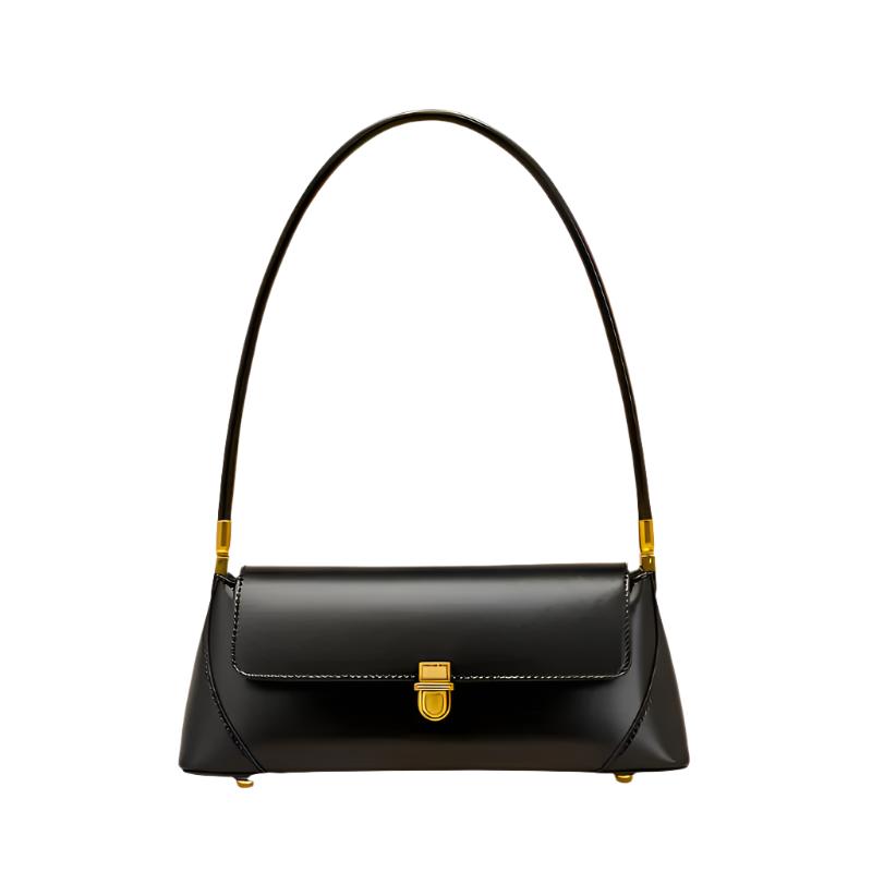 Bolso bandolera negro con asa curva, solapa y cierre dorado rectangular