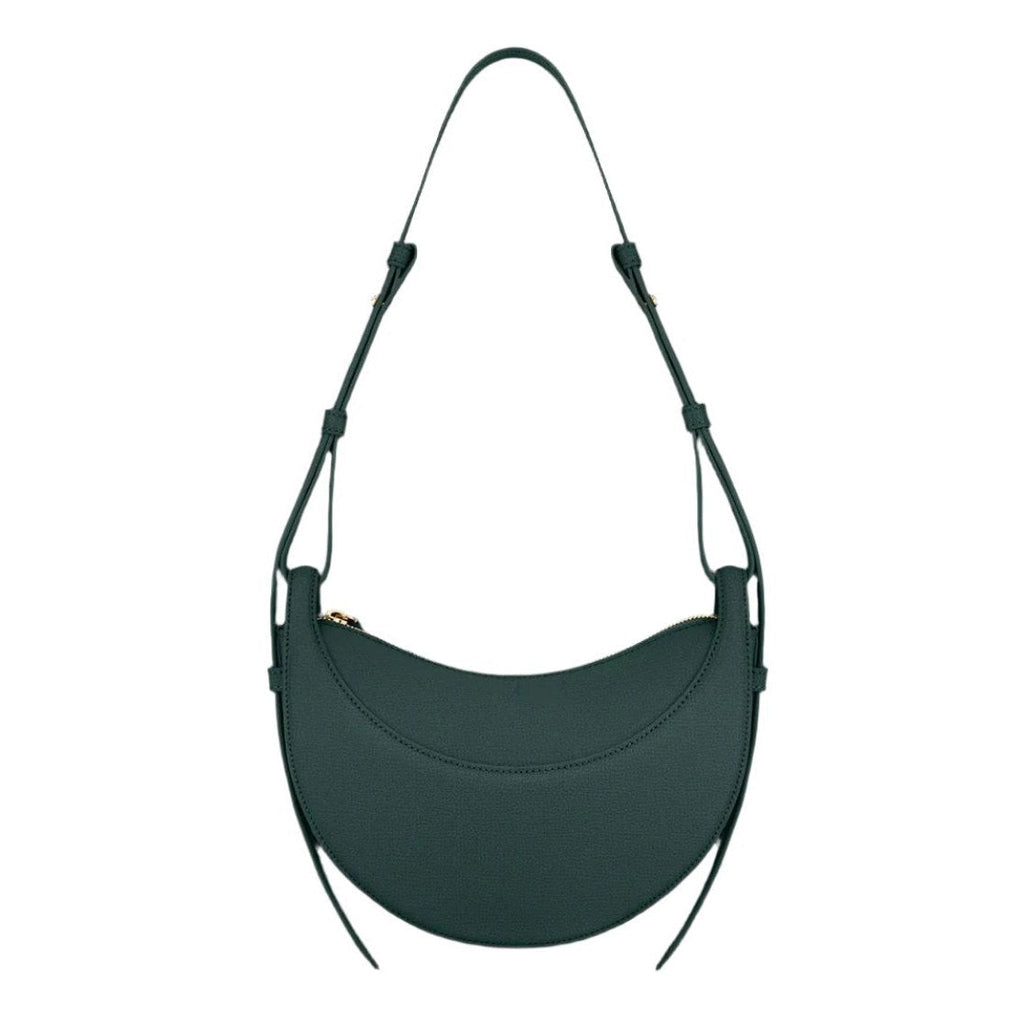 Bolso tipo bandolera verde oscuro con asas cortas y abertura semicircular