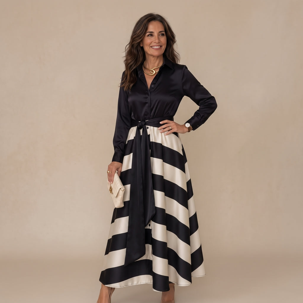 Vestido camisero negro con rayas horizontales crema y cinturón atado