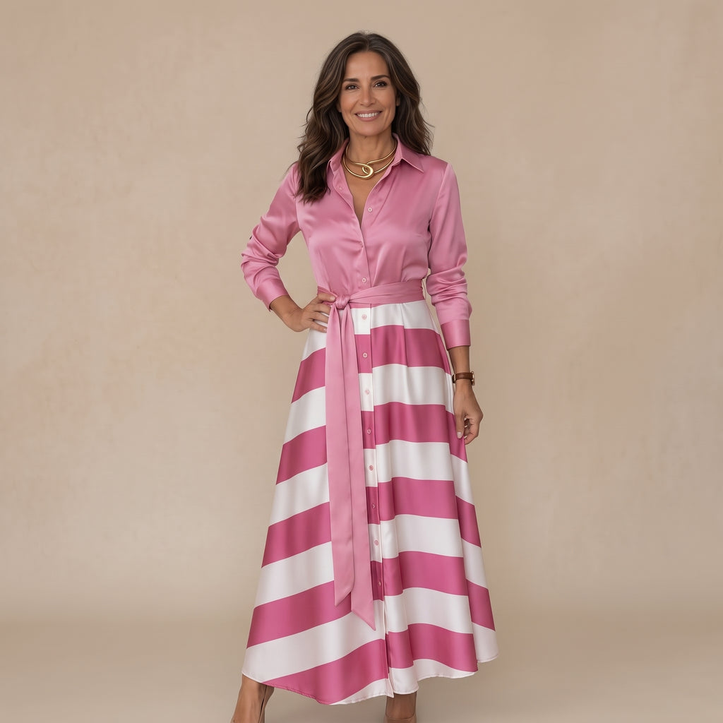 Vestido camisero rosa y blanco de rayas con cinturón y botones, manga larga