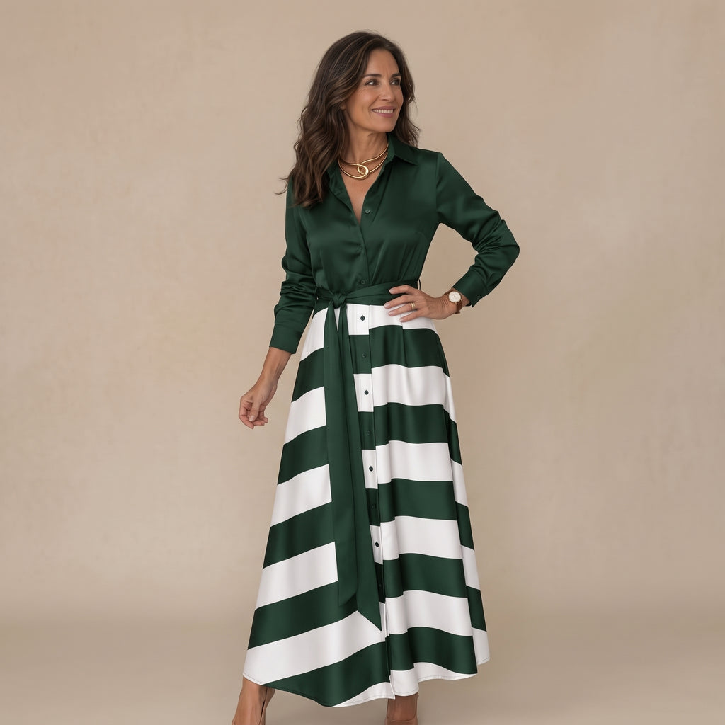 Vestido camisero verde y blanco con rayas, cinturón y botones, manga larga