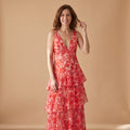 Vestido Étoile Lisa rojo con estampado floral, escote V profundo y falda de volantes