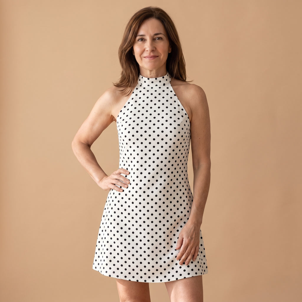 Vestido tipo capri sin mangas de lunares negros sobre blanco, cuello alto