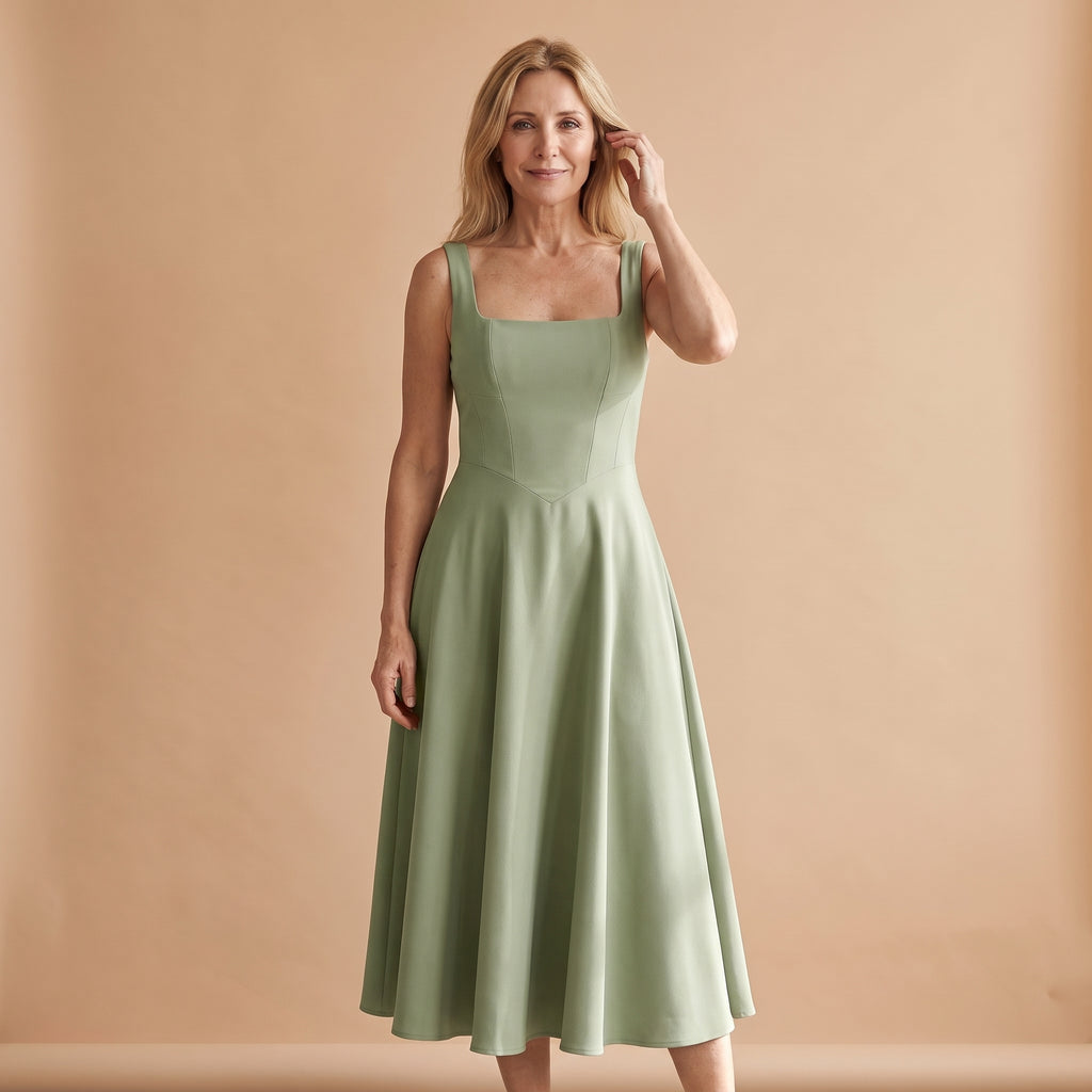 Vestido midi verde con tirantes anchos y falda acampanada