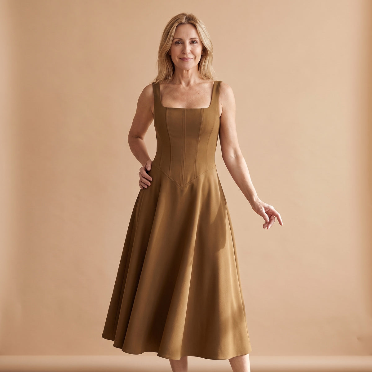 Vestido midi marrón con escote cuadrado y falda acampanada