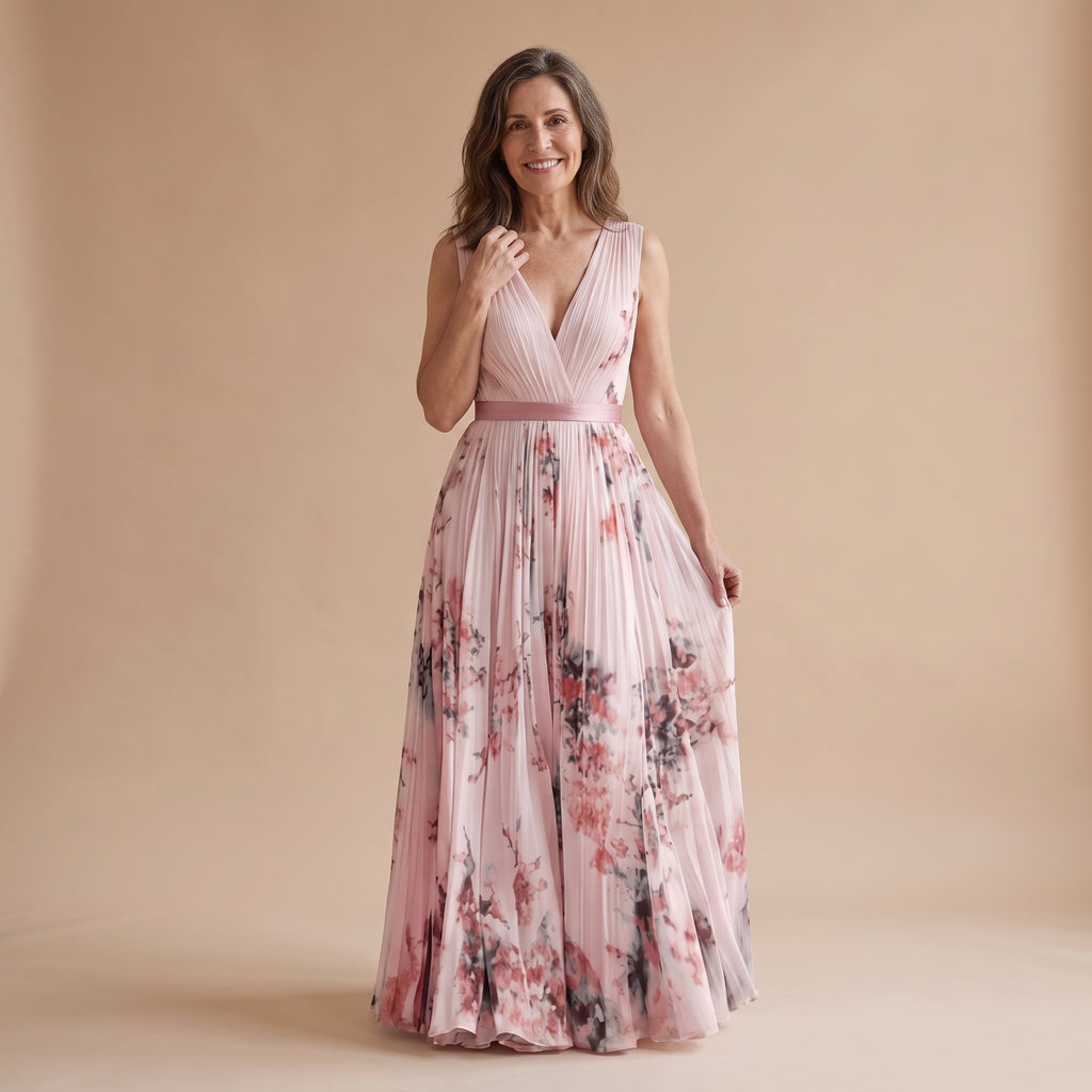 Vestido largo sin mangas rosa claro, escote V cruzado y falda plisada con estampado