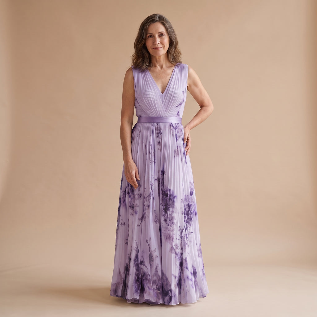 Vestido maxi sin mangas lila, escote V cruzado y falda plisada con estampado acuarela