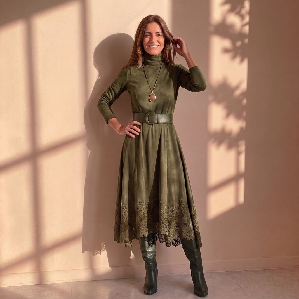 Vestido verde de cuello alto con cinturón y encaje en el bajo, vista frontal.