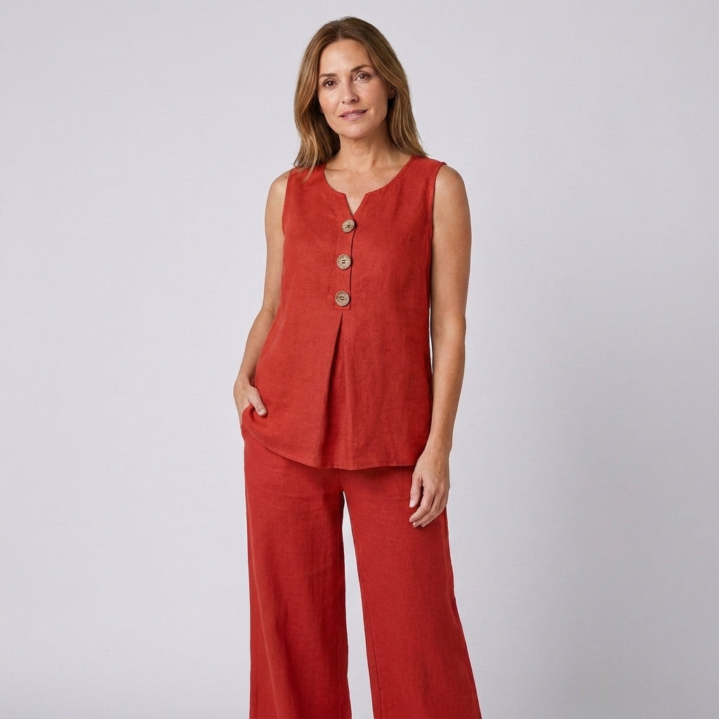 Conjunto rojo de lino y algodón: top sin mangas con tapeta de botones y pantalón ancho