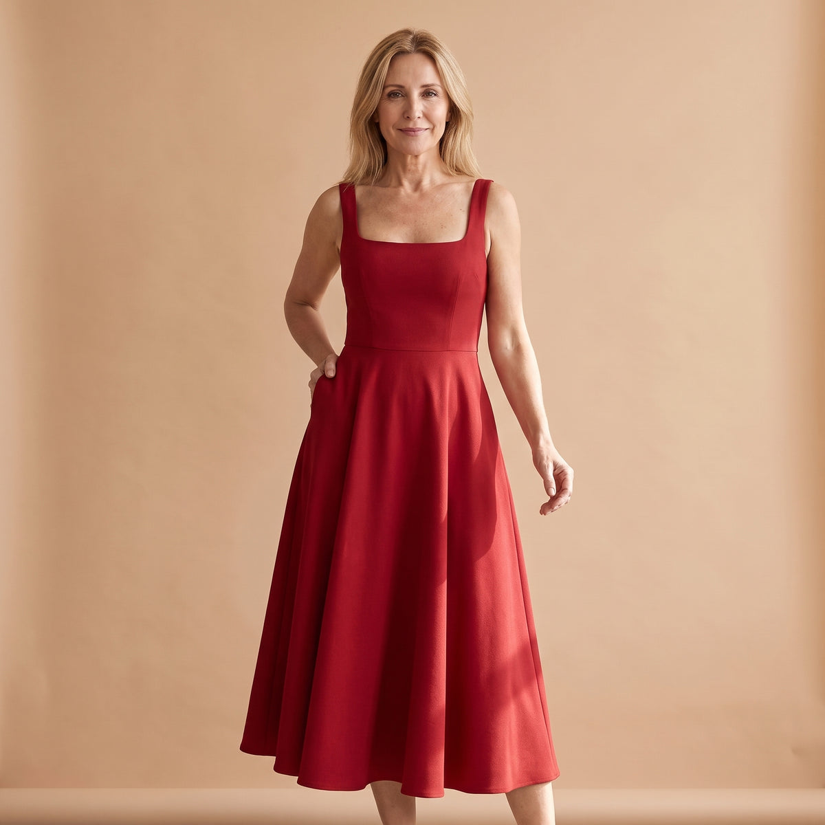Vestido midi rojo con escote cuadrado y falda acampanada