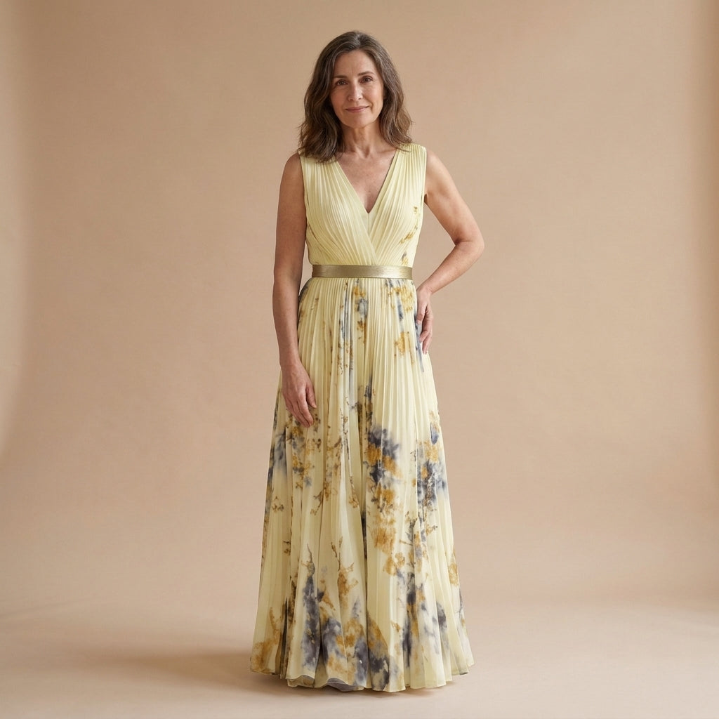 Vestido largo sin mangas con escote V y estampado floral amarillo y azul