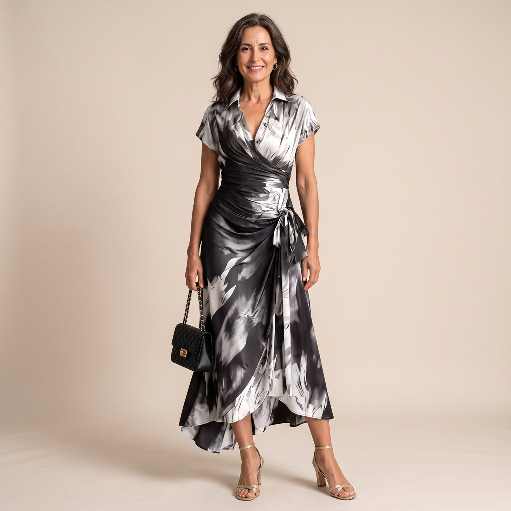 Vestido maxi envolvente blanco y negro con estampado, escote cruzado y nudo en la cintura